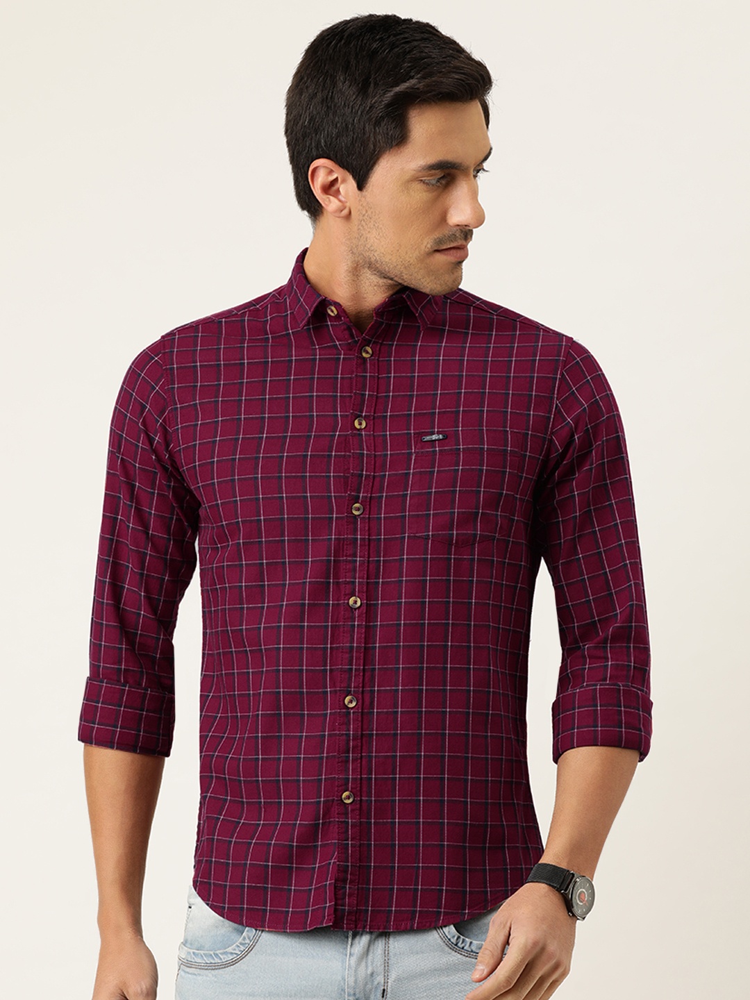 

The Indian Garage Co Men Maroon & Navy Blue Slim Fit Checked Casual Shirt