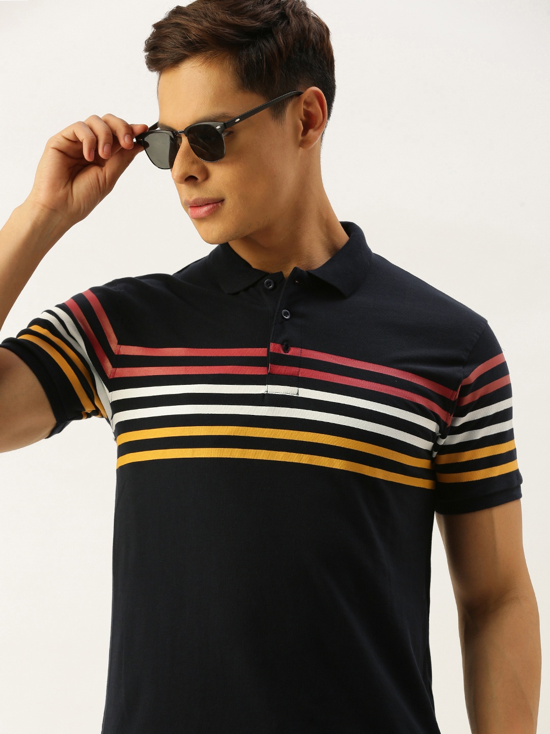 

The Indian Garage Co Men Navy Blue Striped Polo Collar Pure Cotton T-shirt