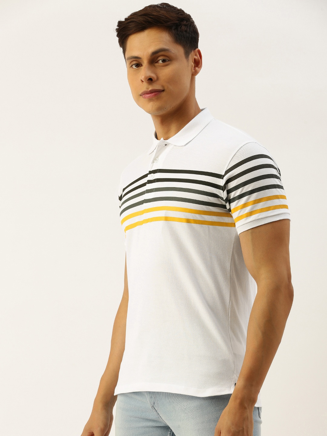 

The Indian Garage Co Men White Striped Polo Collar Pure Cotton T-shirt