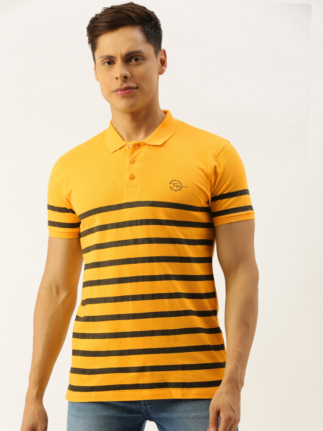 

The Indian Garage Co Men Mustard Yellow Black Striped Polo Collar Pure Cotton T-shirt