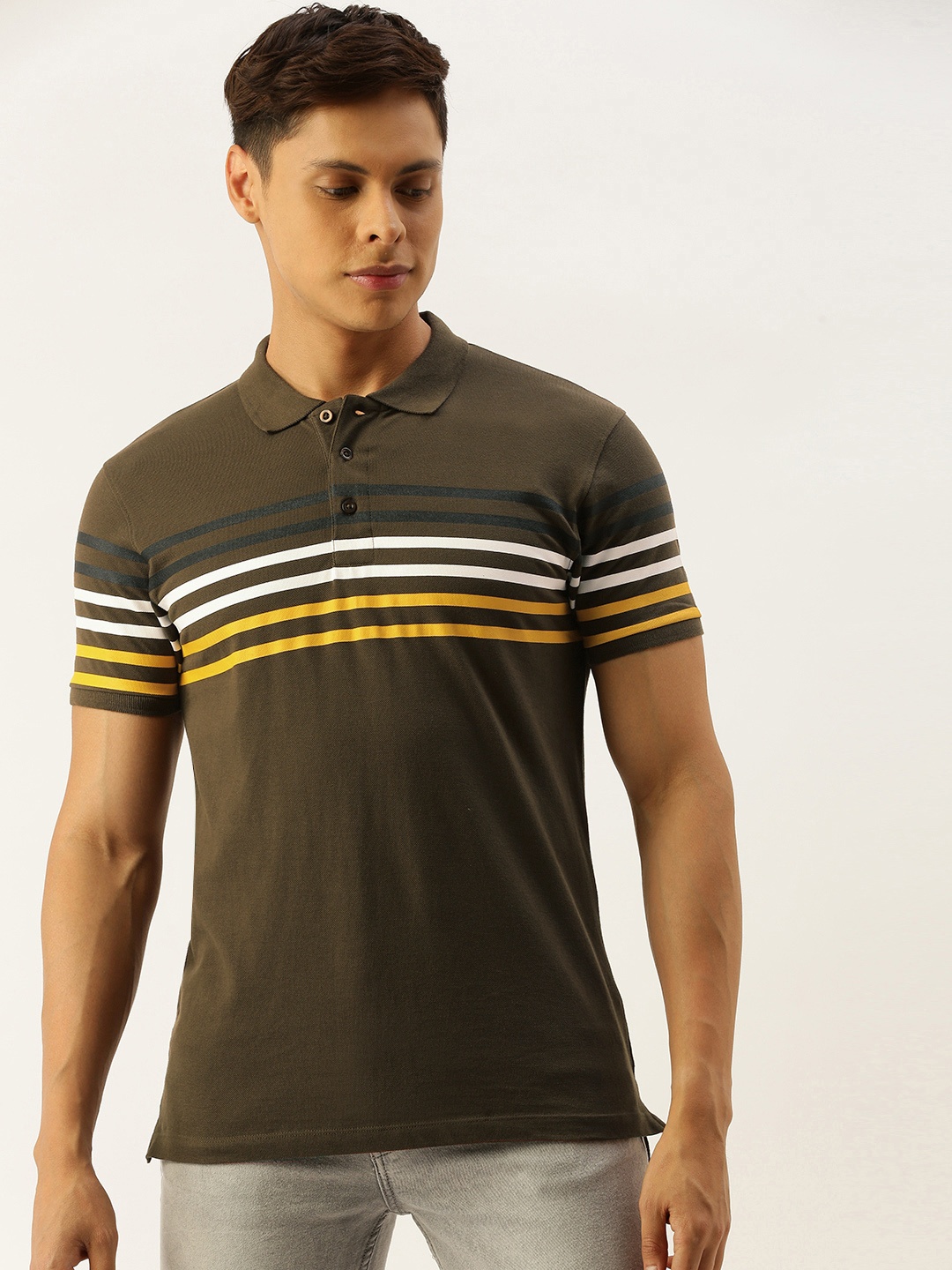 

The Indian Garage Co Men Olive Green Striped Round Neck Pure Cotton T-shirt