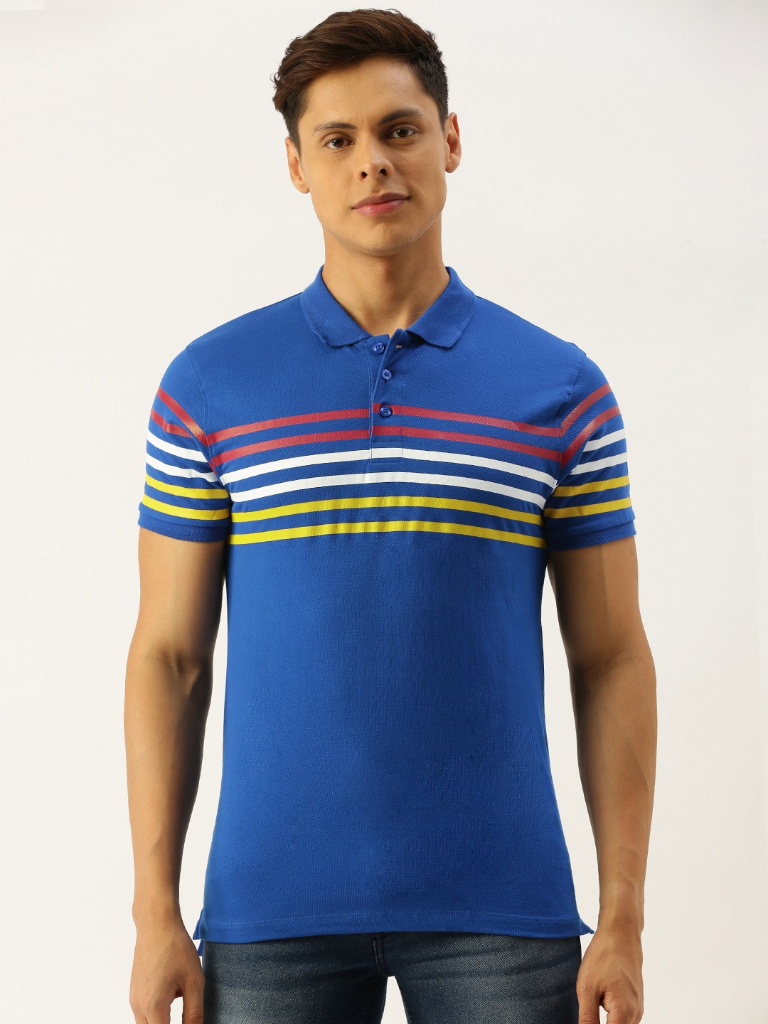 

The Indian Garage Co Men Blue Striped Polo Collar Pure Cotton T-shirt