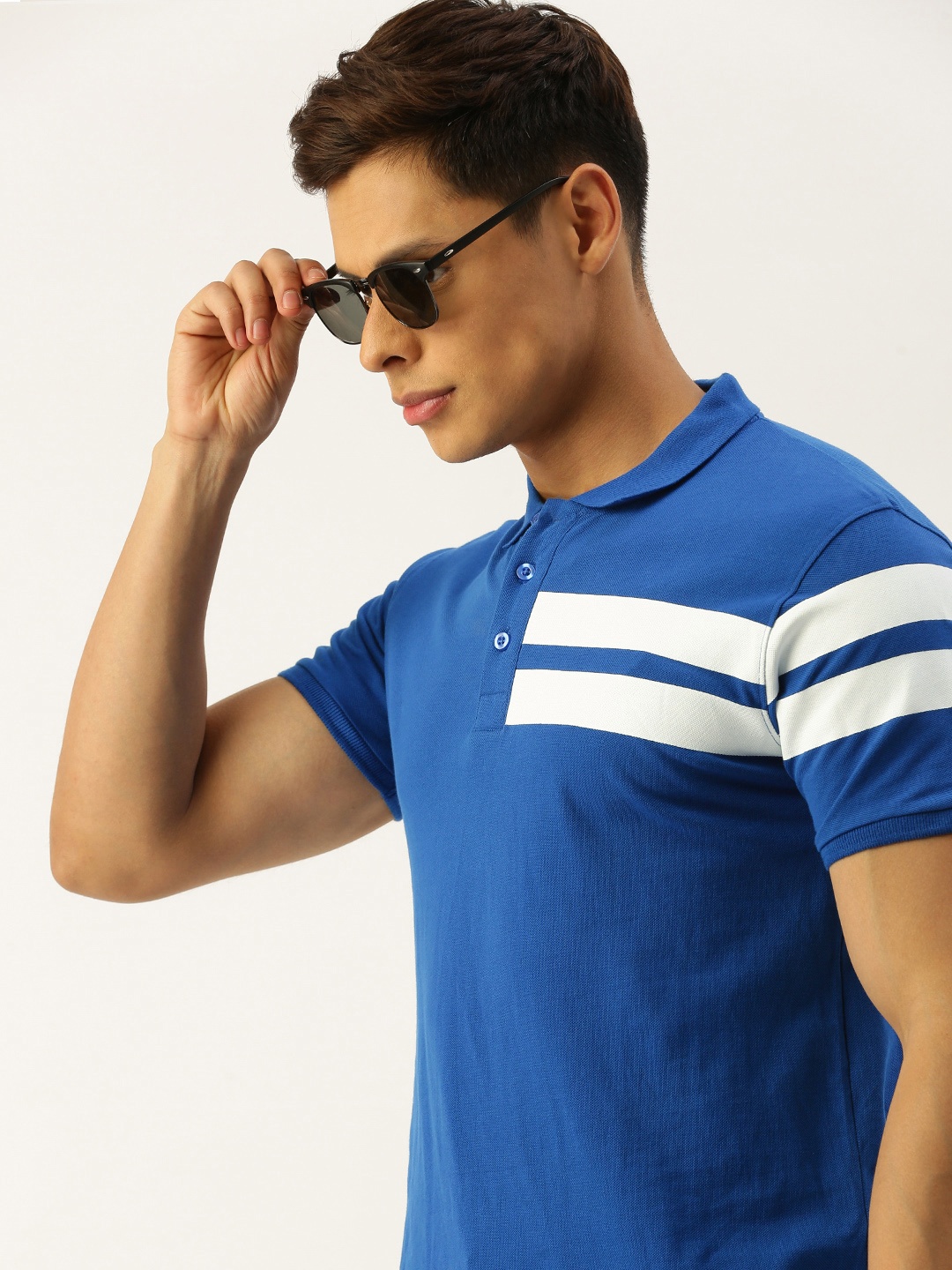 

The Indian Garage Co Men Blue Striped Polo Collar Pure Cotton T-shirt