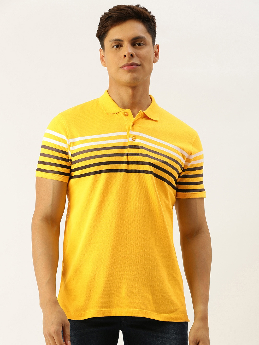

The Indian Garage Co Men Yellow Striped Polo Collar Pure Cotton T-shirt