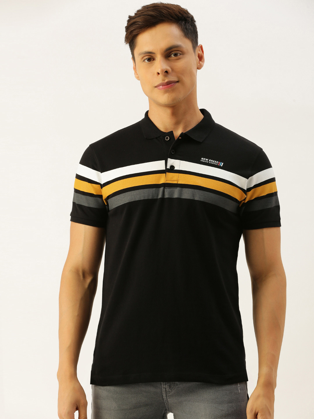 

The Indian Garage Co Men Black Striped Polo Collar Pure Cotton T-shirt