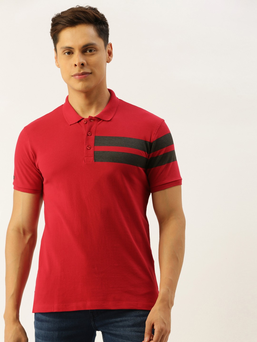 

The Indian Garage Co Men Red Black Striped Polo Collar Pure Cotton T-shirt