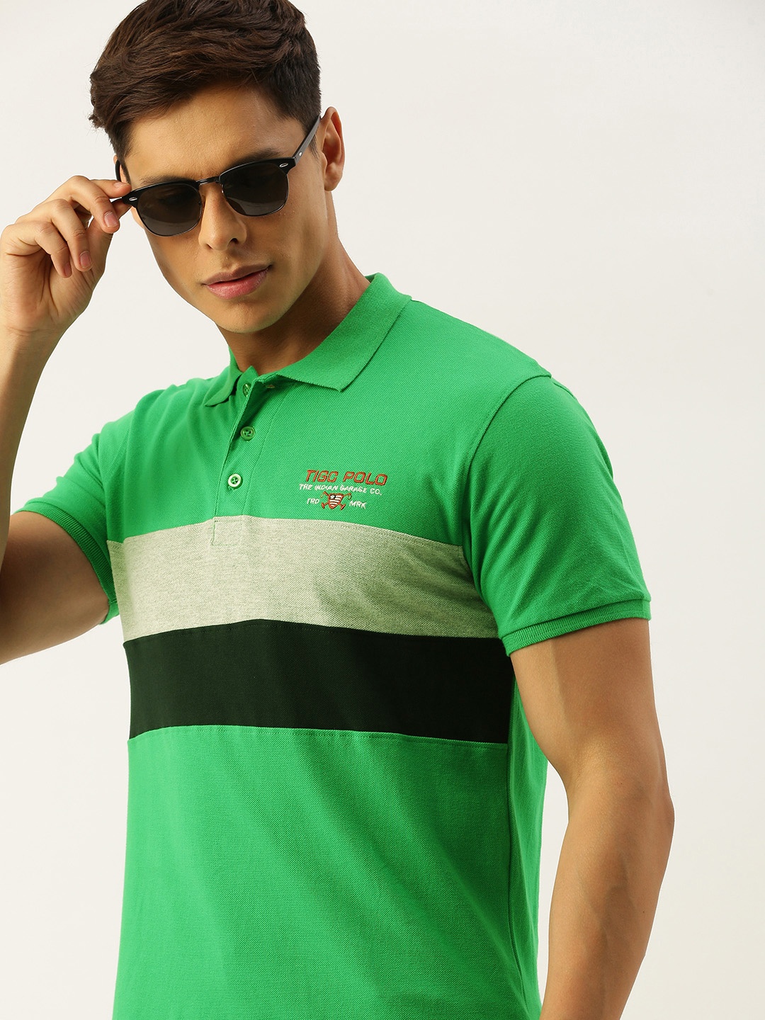 

The Indian Garage Co Men Green Striped Polo Collar Pure Cotton T-shirt