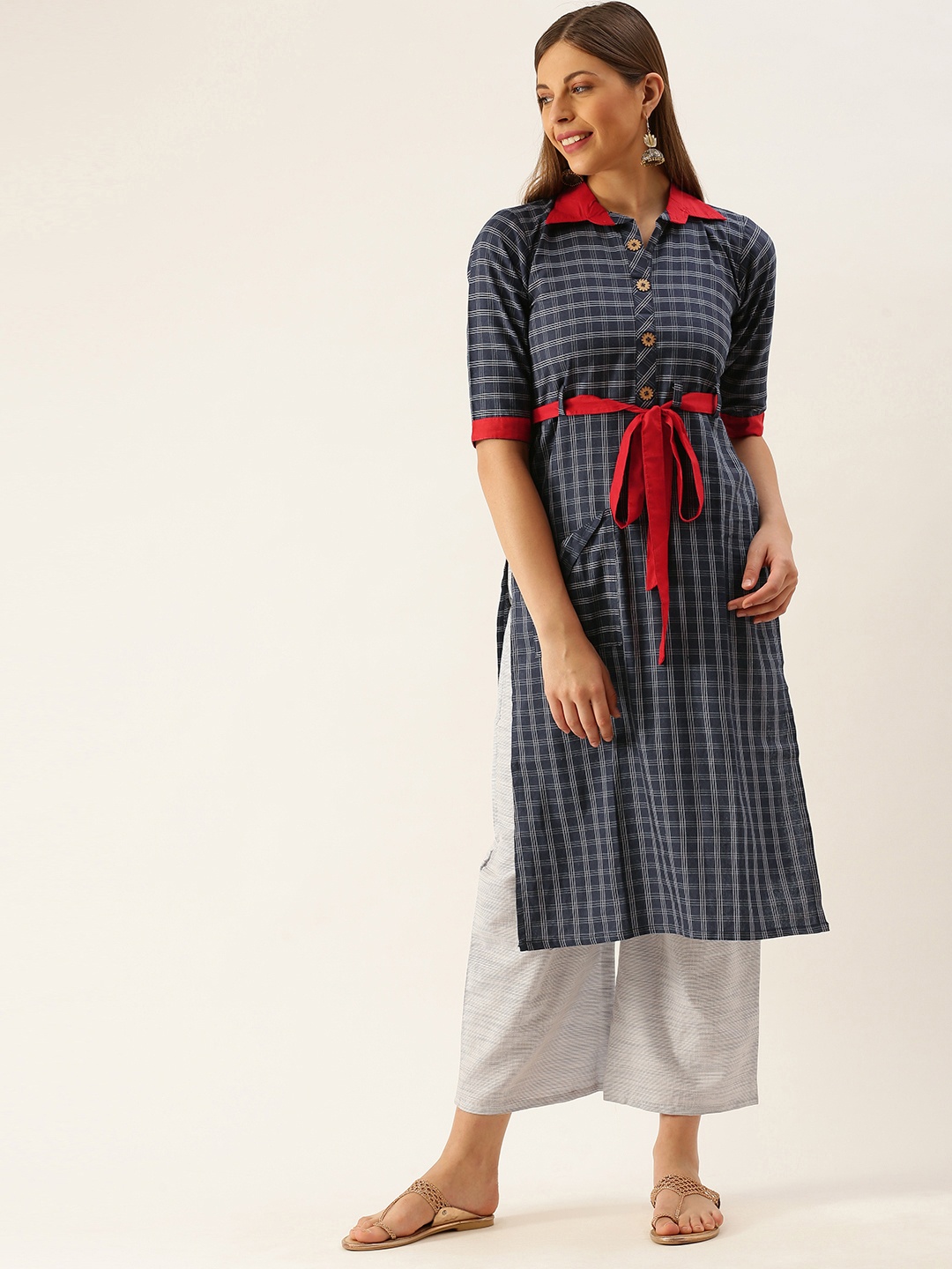 

Youthnic Women Navy Blue & Beige Checked Kurta