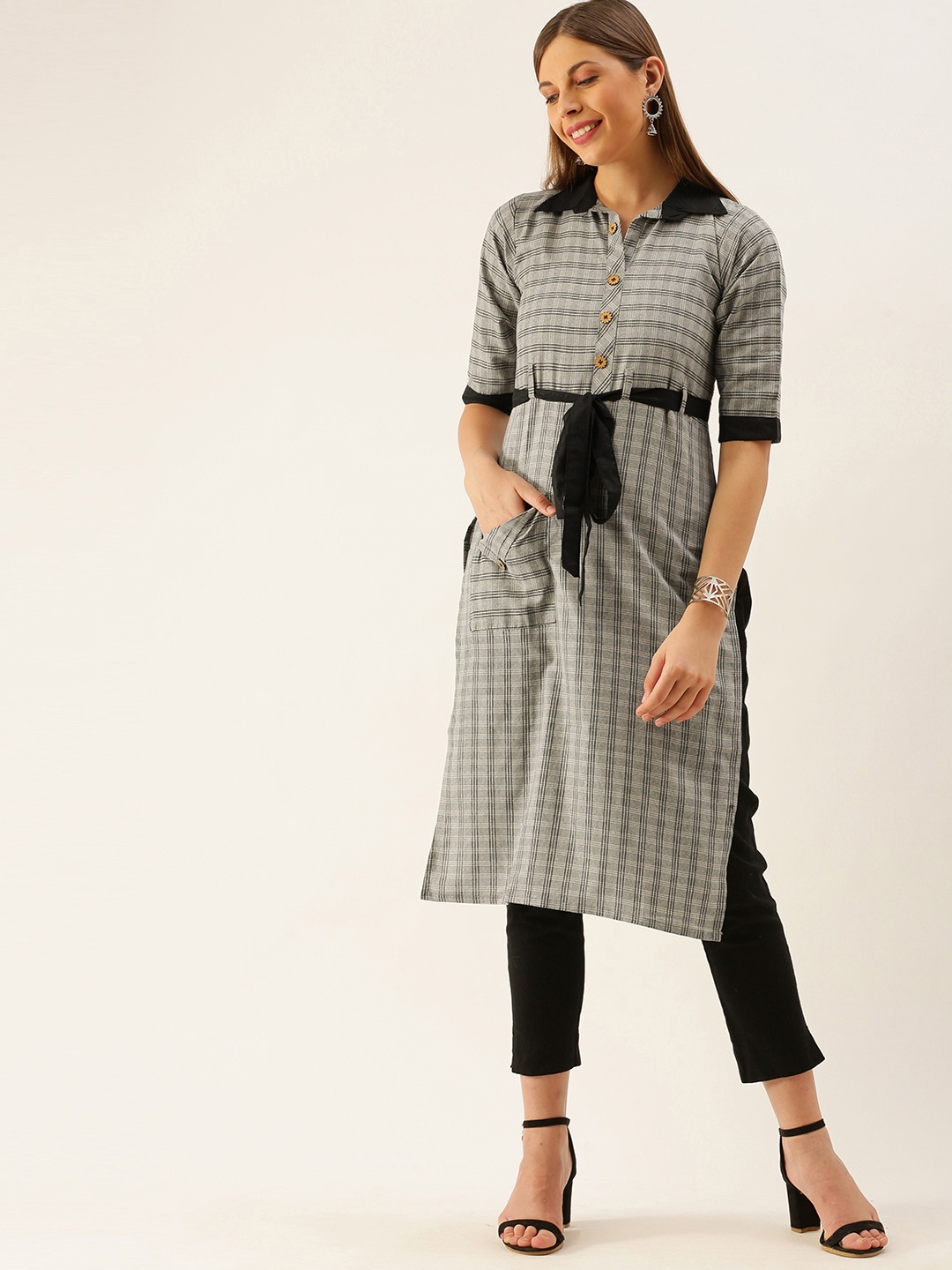 

Youthnic Women Grey & Black Checked Kurta