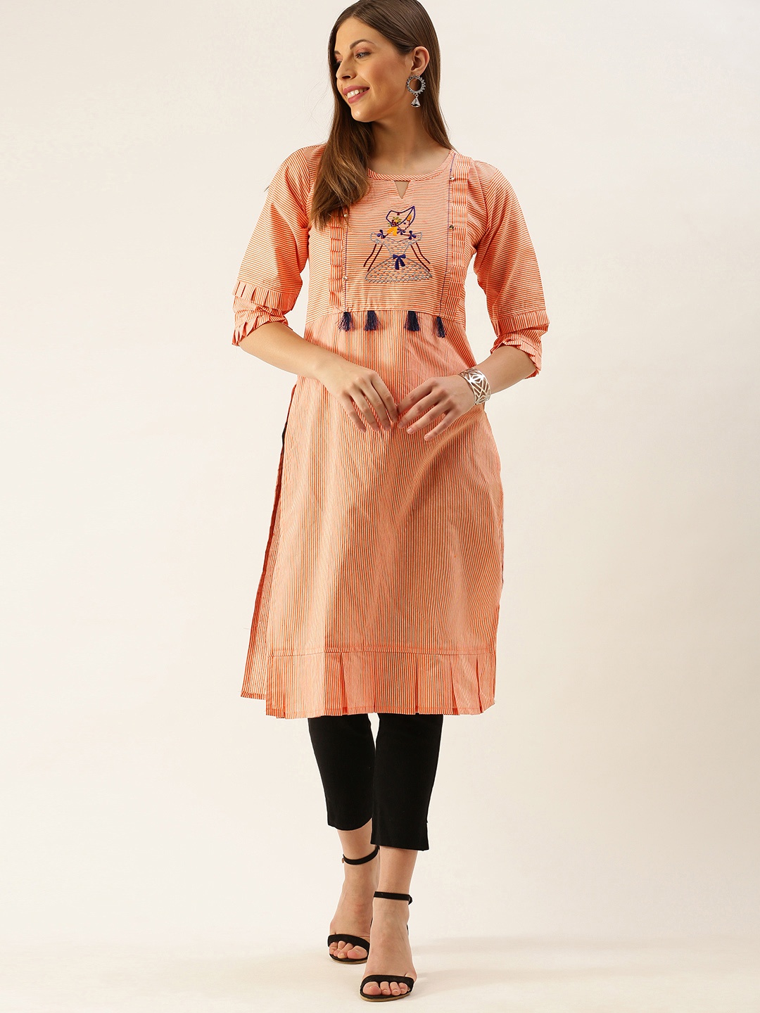 

Youthnic Women Orange & Off White Striped Keyhole Neck Thread Work Kurta