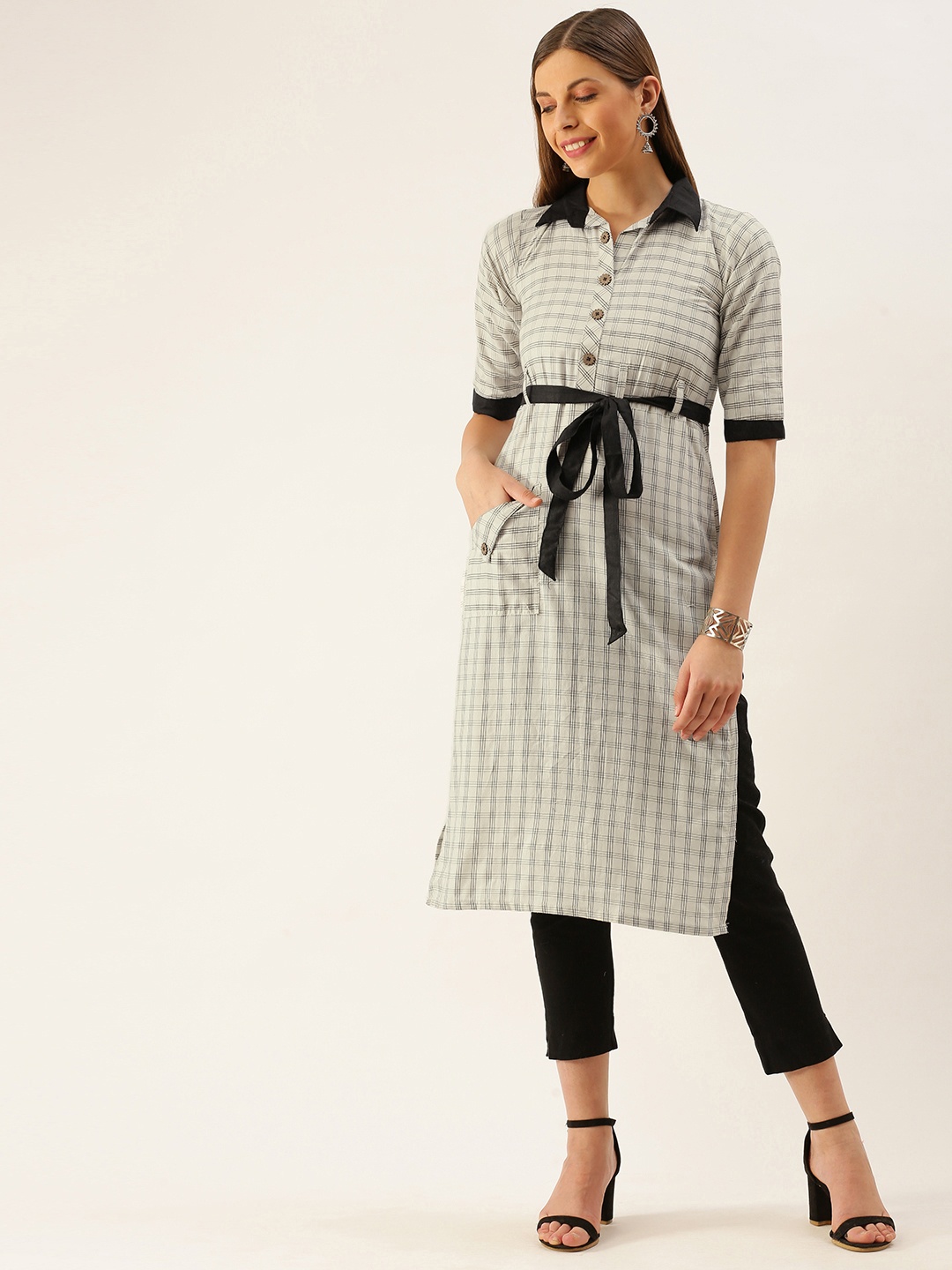 

Youthnic Women Grey & Black Checked Kurta
