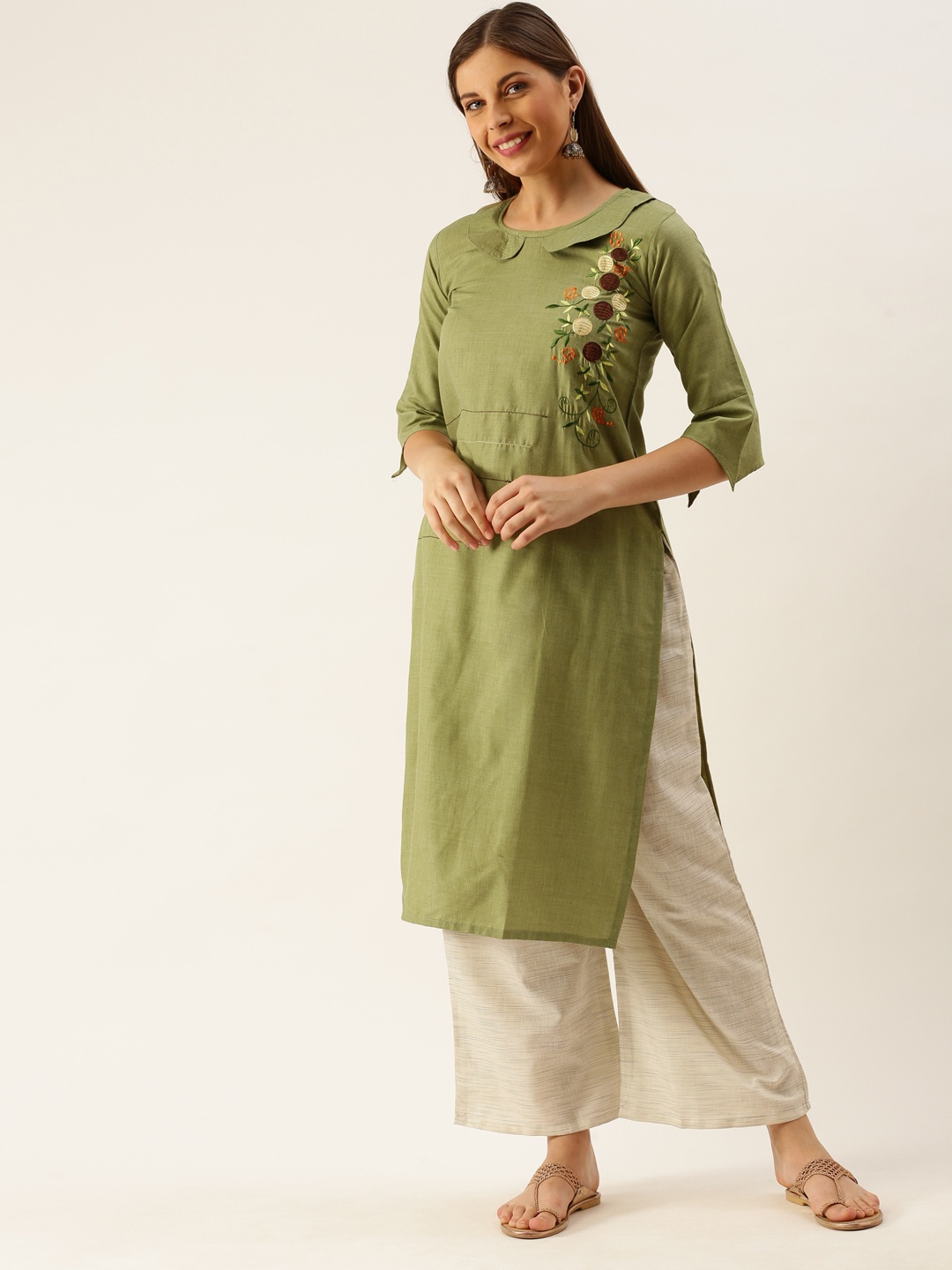 

Youthnic Women Olive Green & Off-White Embroidered Kurta with Palazzos