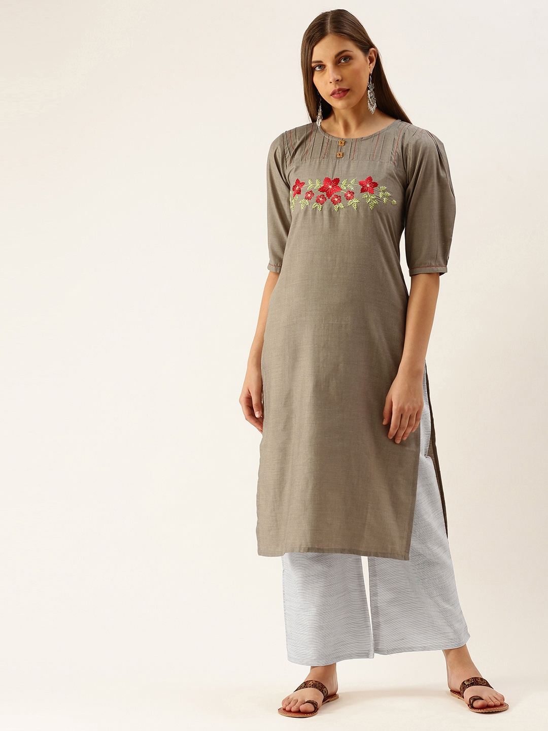 

Youthnic Women Brown & Grey Embroidered Kurta with Palazzos