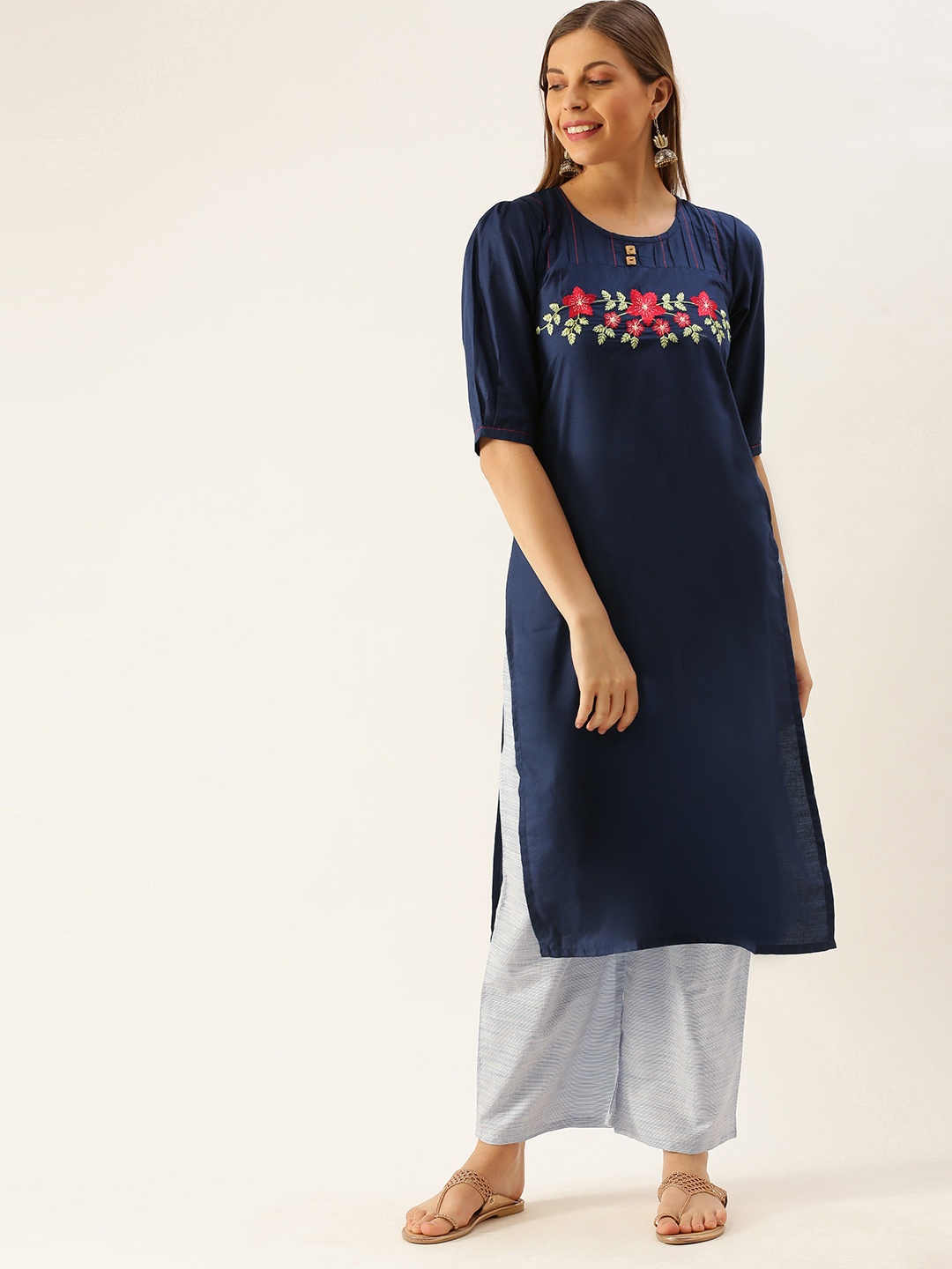 

Youthnic Women Navy Blue Embroidered Kurta with Palazzos