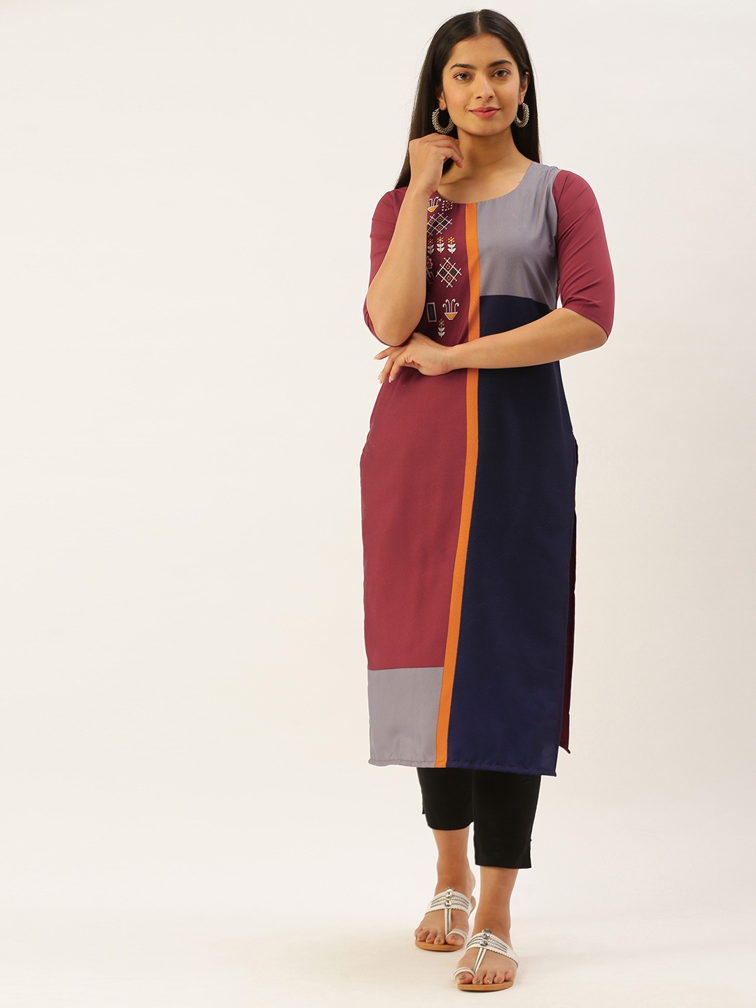 

7Threads Women Maroon & Navy Blue Colourblocked with Print Detail Kurta