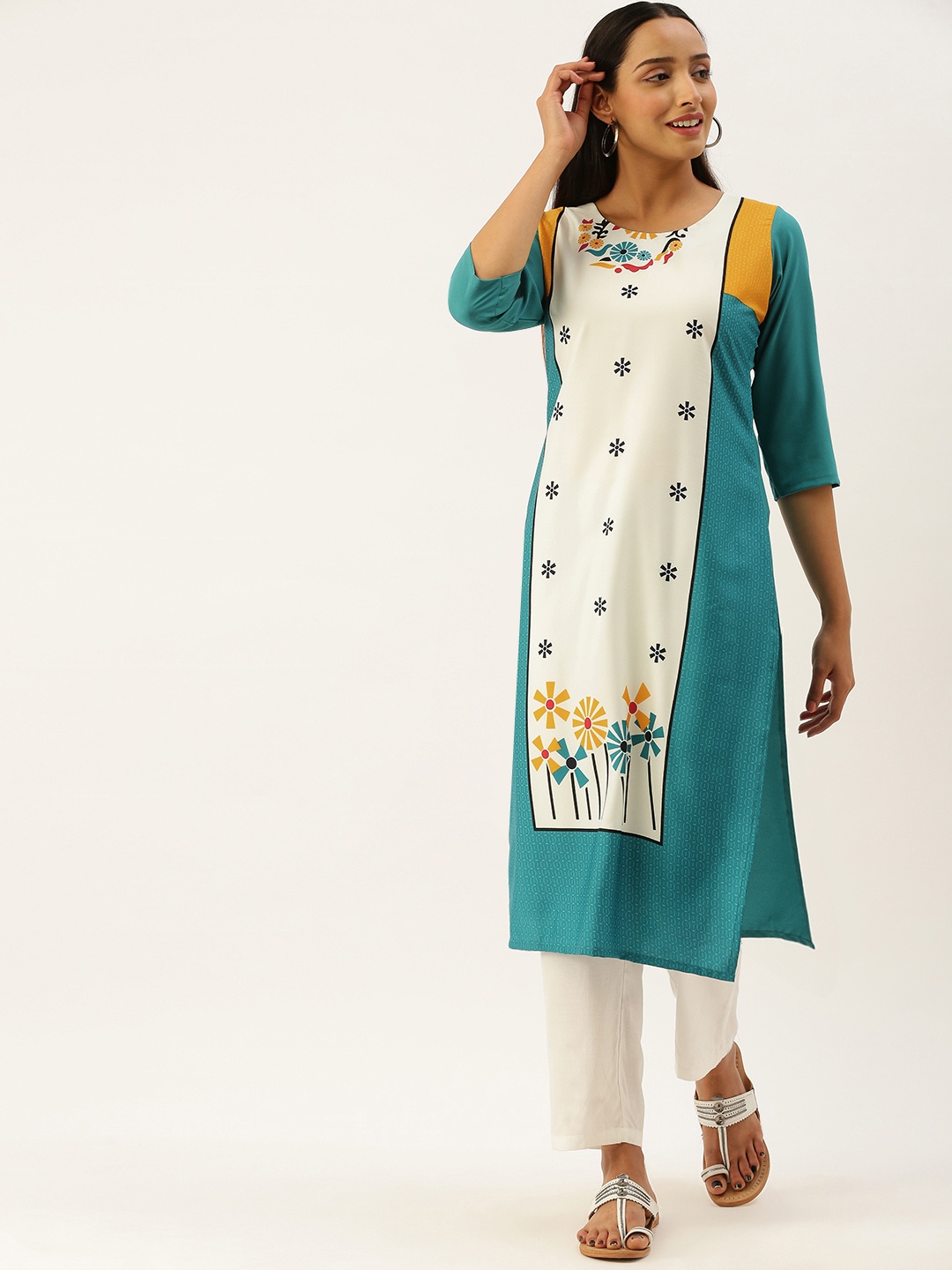 

7Threads Women Green & Off-White Ethnic Motifs Printed Kurta