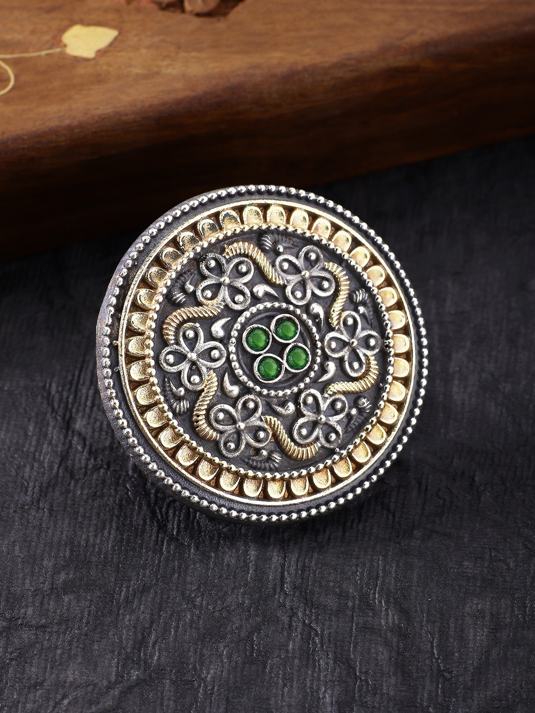 

Peora Green & Bronze-Toned Silver-Plated Boho Vintage Adjustable Finger Ring