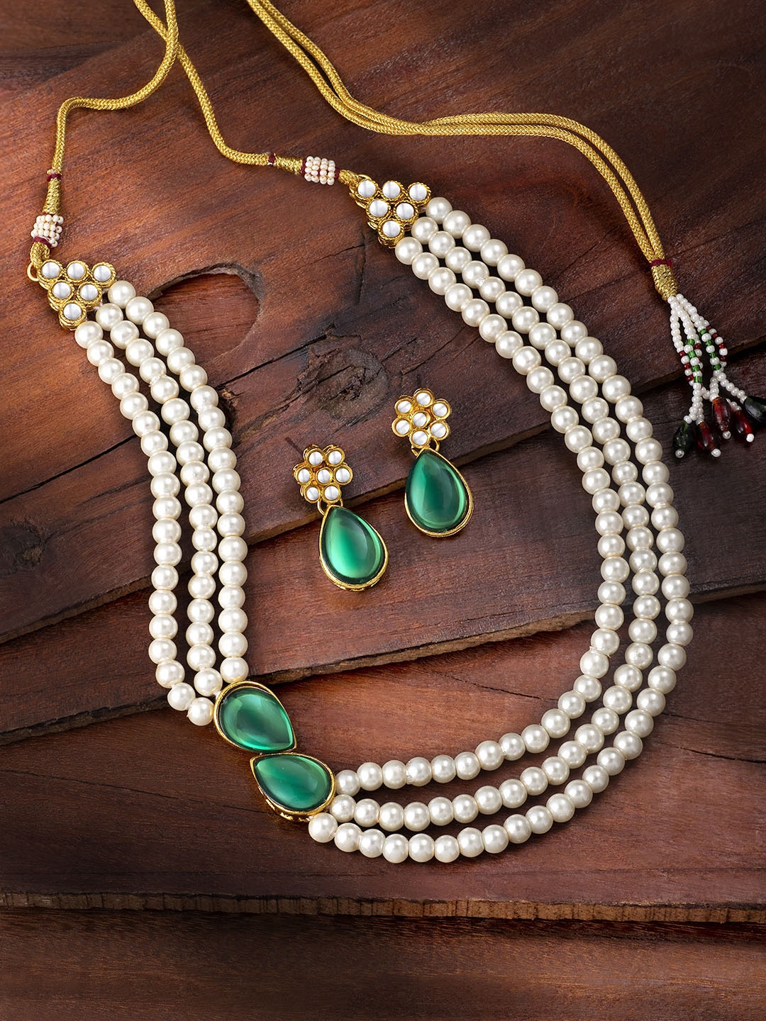 

Peora White & Green Gold-Plated Beaded Layered Jewellery Set