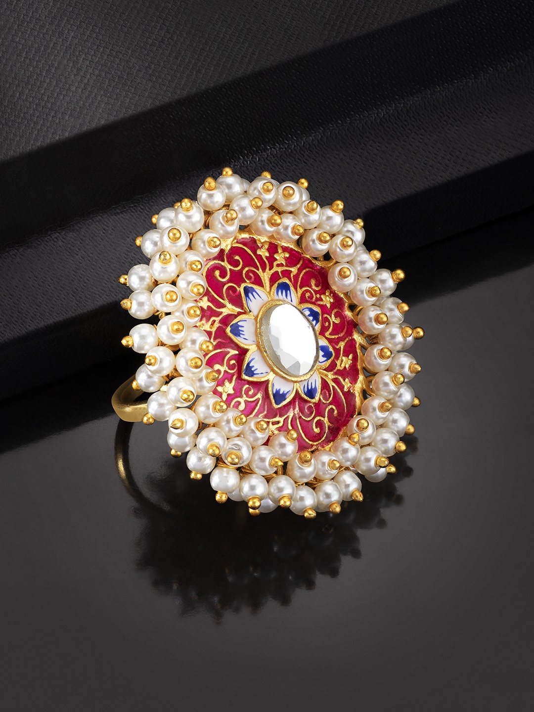 

Peora Magenta Gold-Plated Enamelled Studded Handcrafted Adjustable Finger Ring