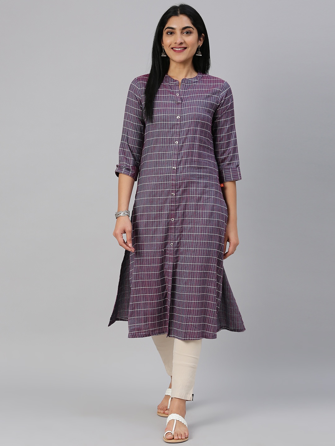 

Alena Women Purple & White Checked Straight Kurta