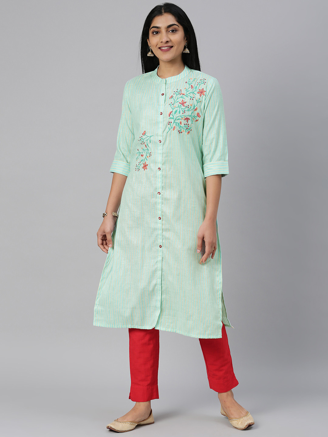 

Alena Women Green & Yellow Embroidered Straight Kurta