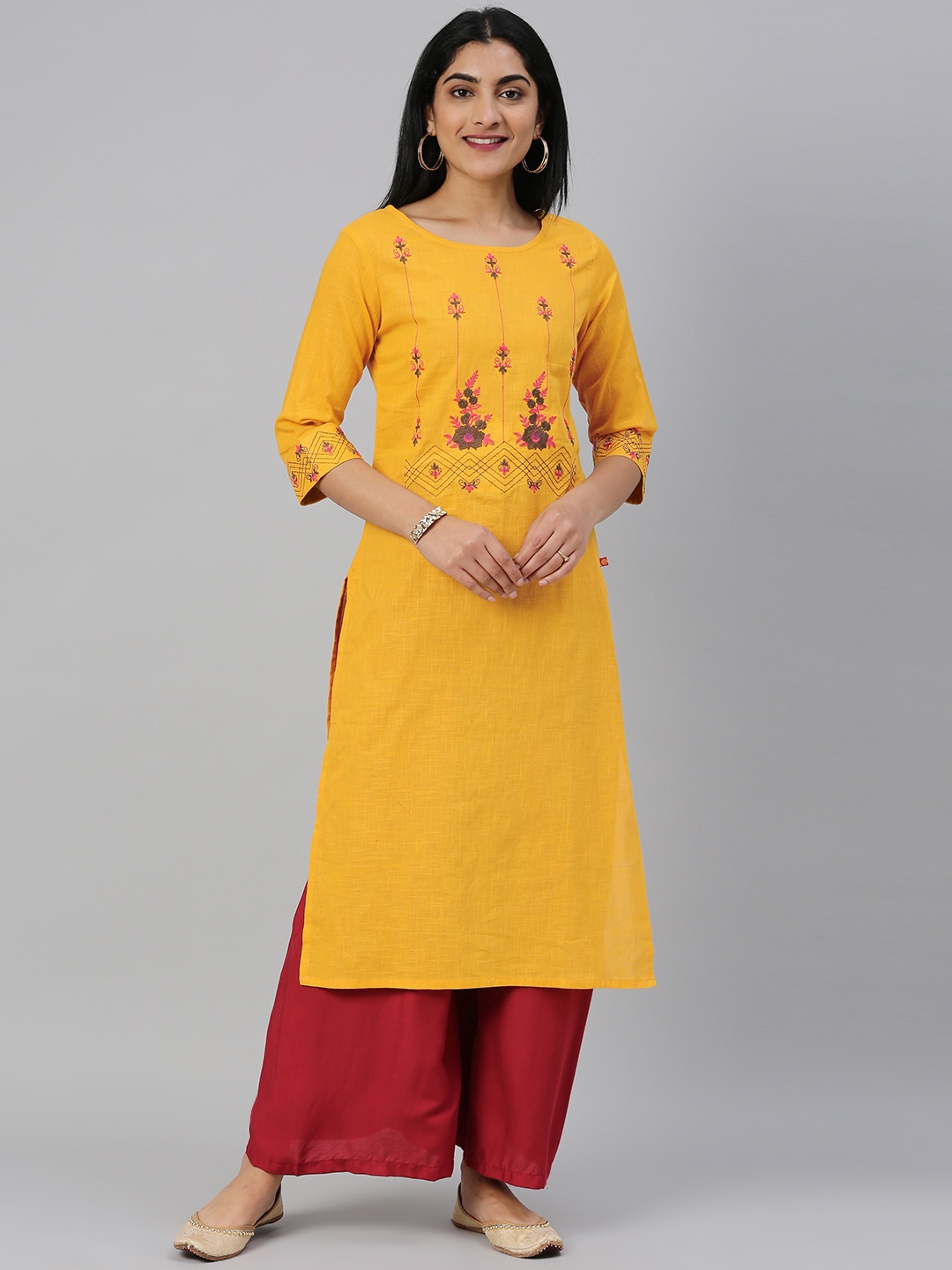 

Alena Women Mustard Yellow Embroidered Straight Kurta