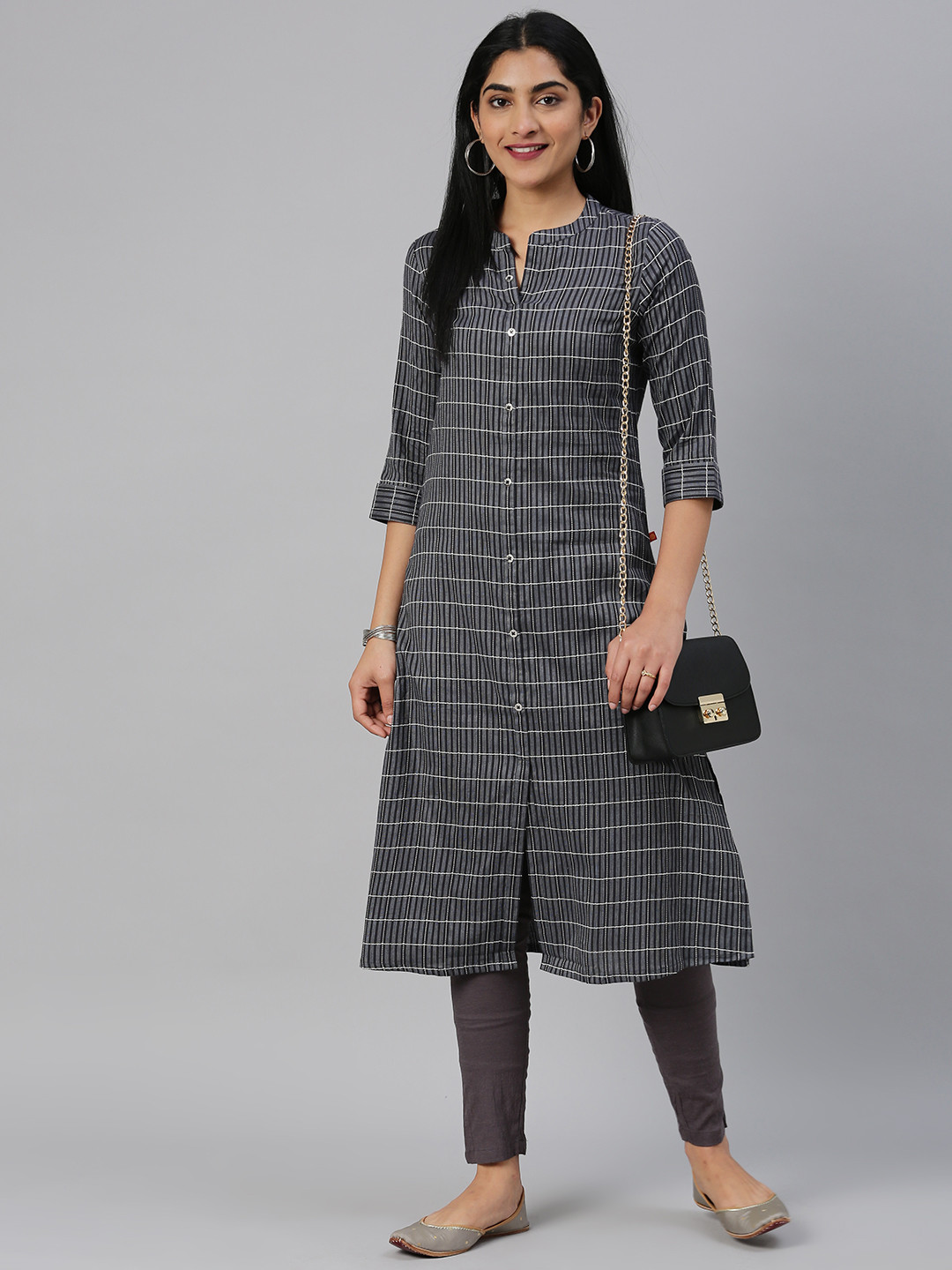 

Alena Women Black & Off-White Checked Straight Kurta