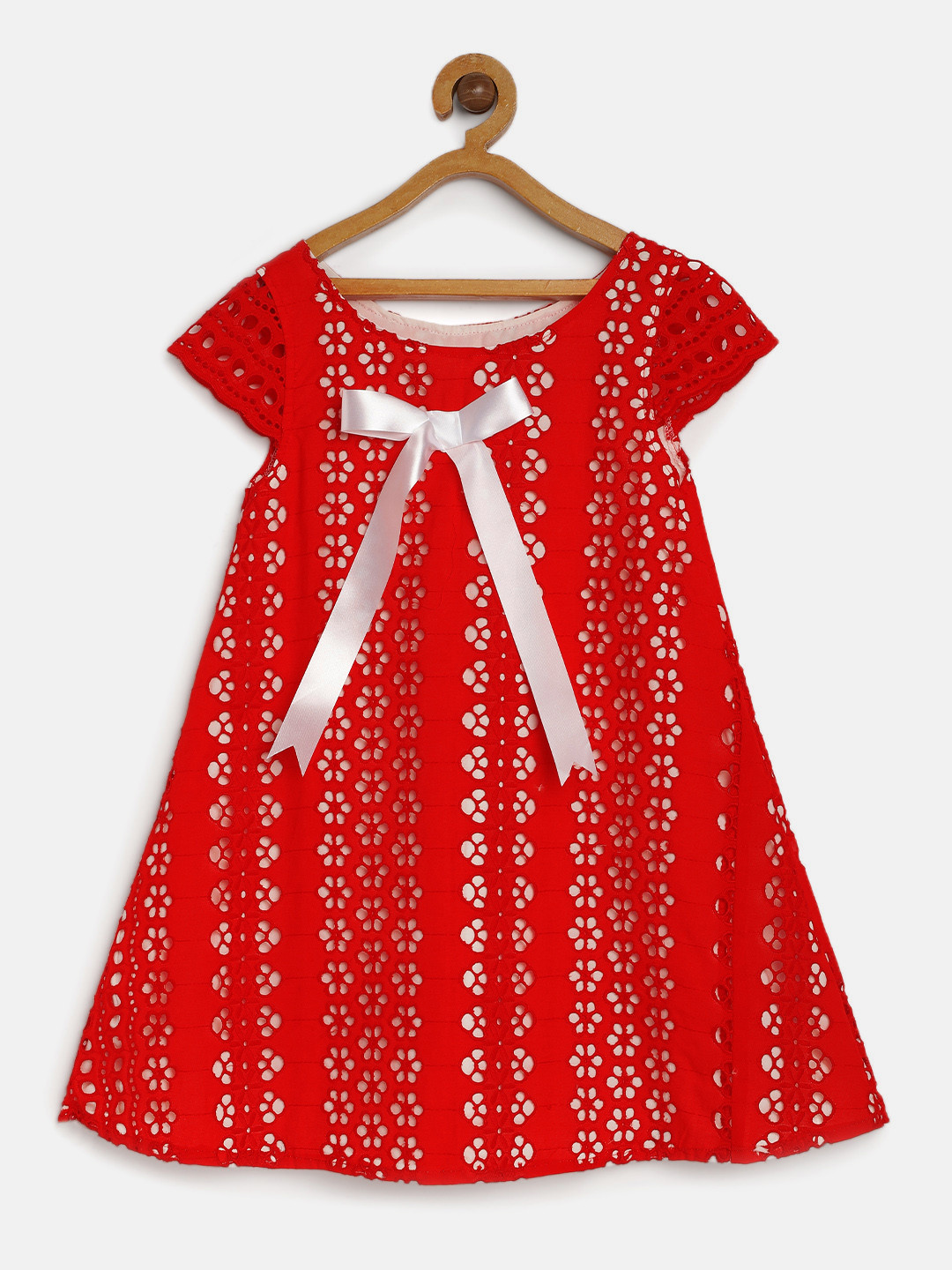 

MANY FROCKS & Girls Red Self Design Schiffli A-Line Dress