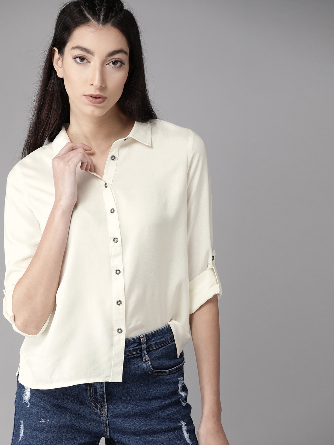 

The Roadster Lifestyle Co Women EcoVero Off-White Solid Regular Fit Casual Shirt