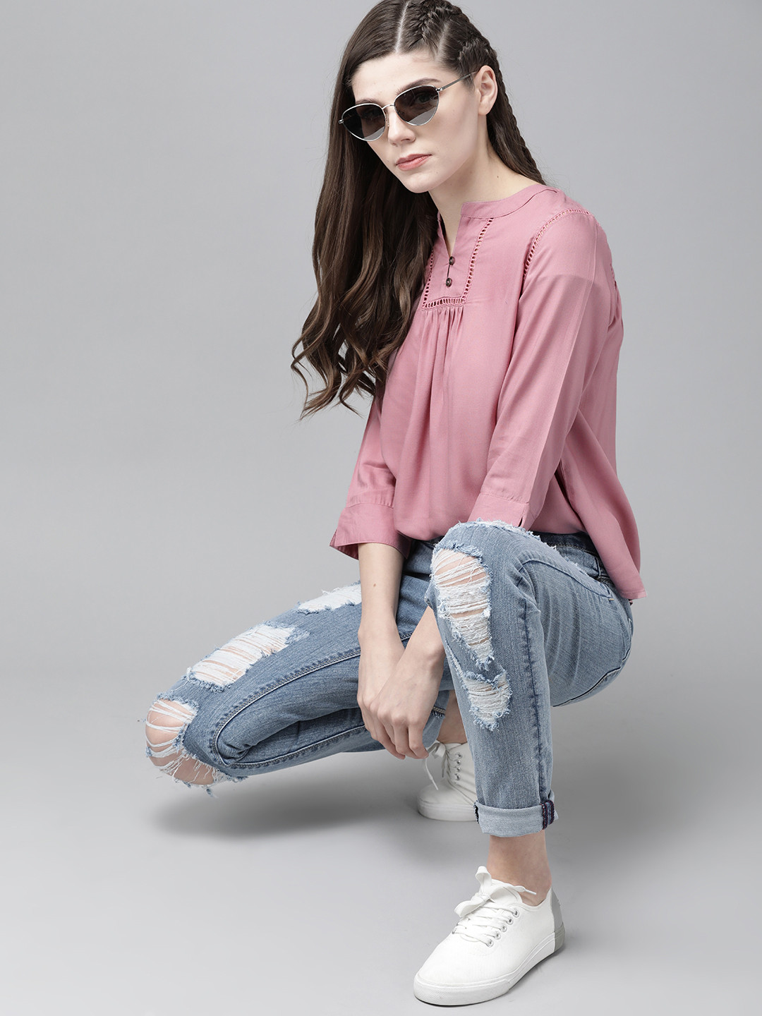 

The Roadster Lifestyle Co Pink EcoVero Solid Mandarin Collar Regular Top
