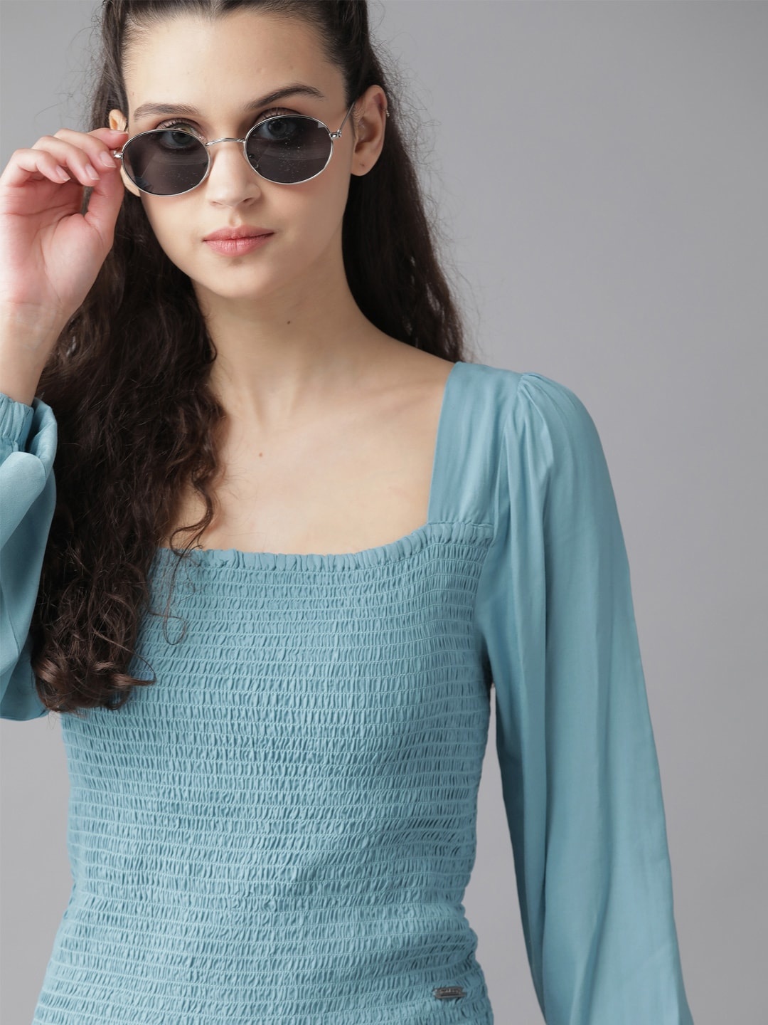 

The Roadster Lifestyle Co Women Ecovero Blue Solid Puff Sleeves Square Neck Smocked Fitted Sustainable Top