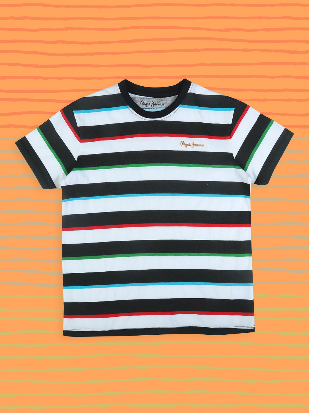 

Pepe Jeans Boys Multicoloured Striped Round Neck Pure Cotton T-shirt, Multi