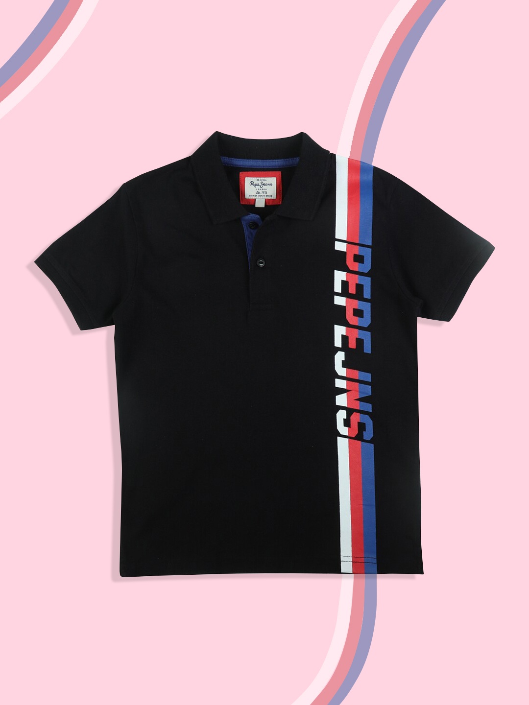 

Pepe Jeans Boys Black FERDINAND SS IP Printed Polo Collar Pure Cotton T-shirt