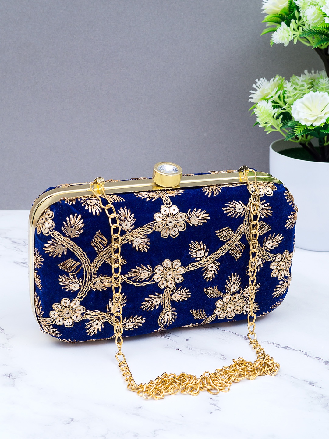 

Golden Peacock Women Blue & Gold-Coloured Embroidered Box Clutch