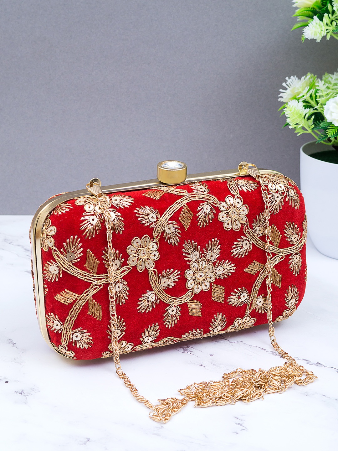 

Golden Peacock Women Red & Gold-coloured Embroidered Box Clutches
