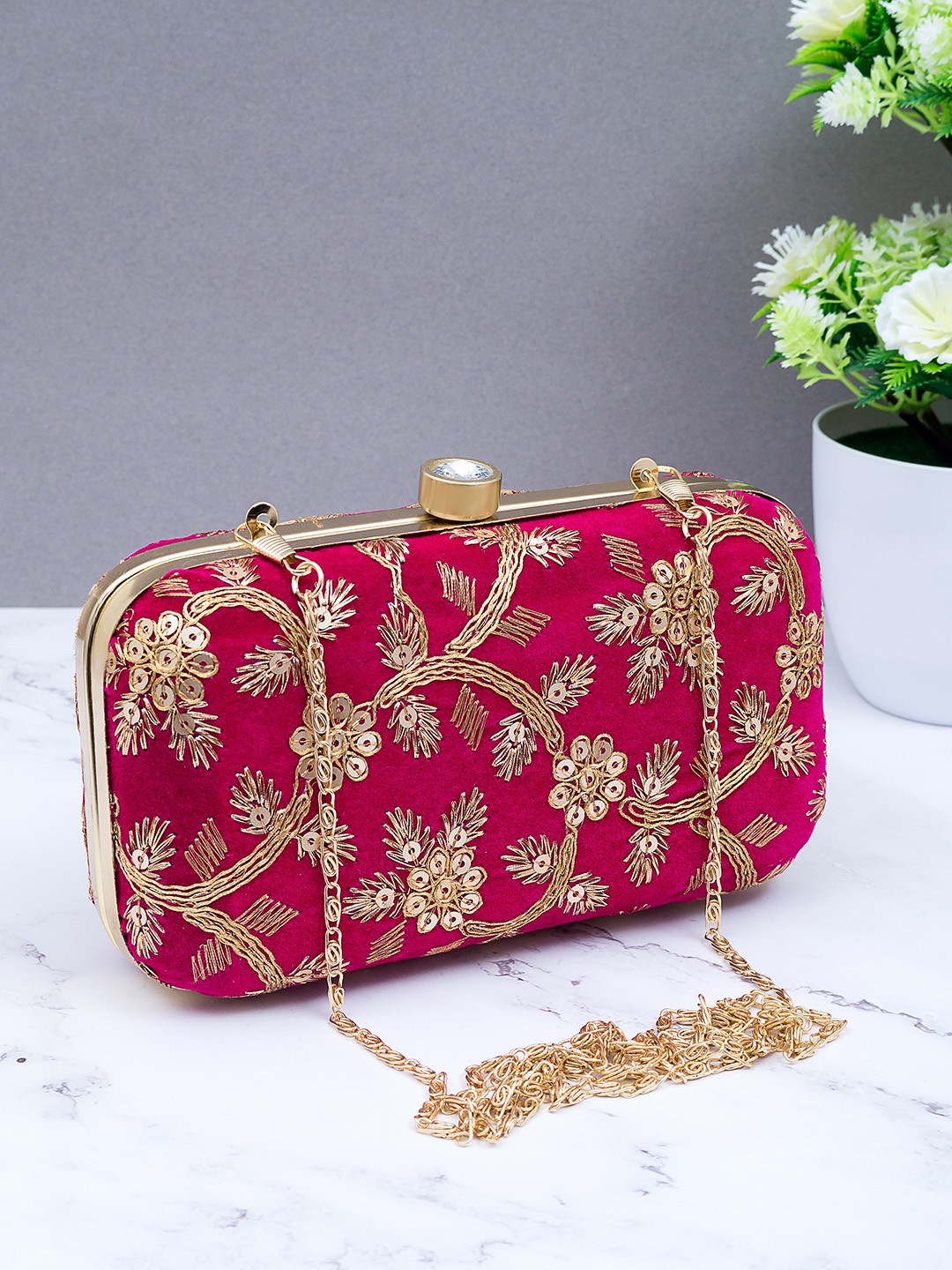 

Golden Peacock Women Pink & Gold-Coloured Embroidered Velvet Box Clutch