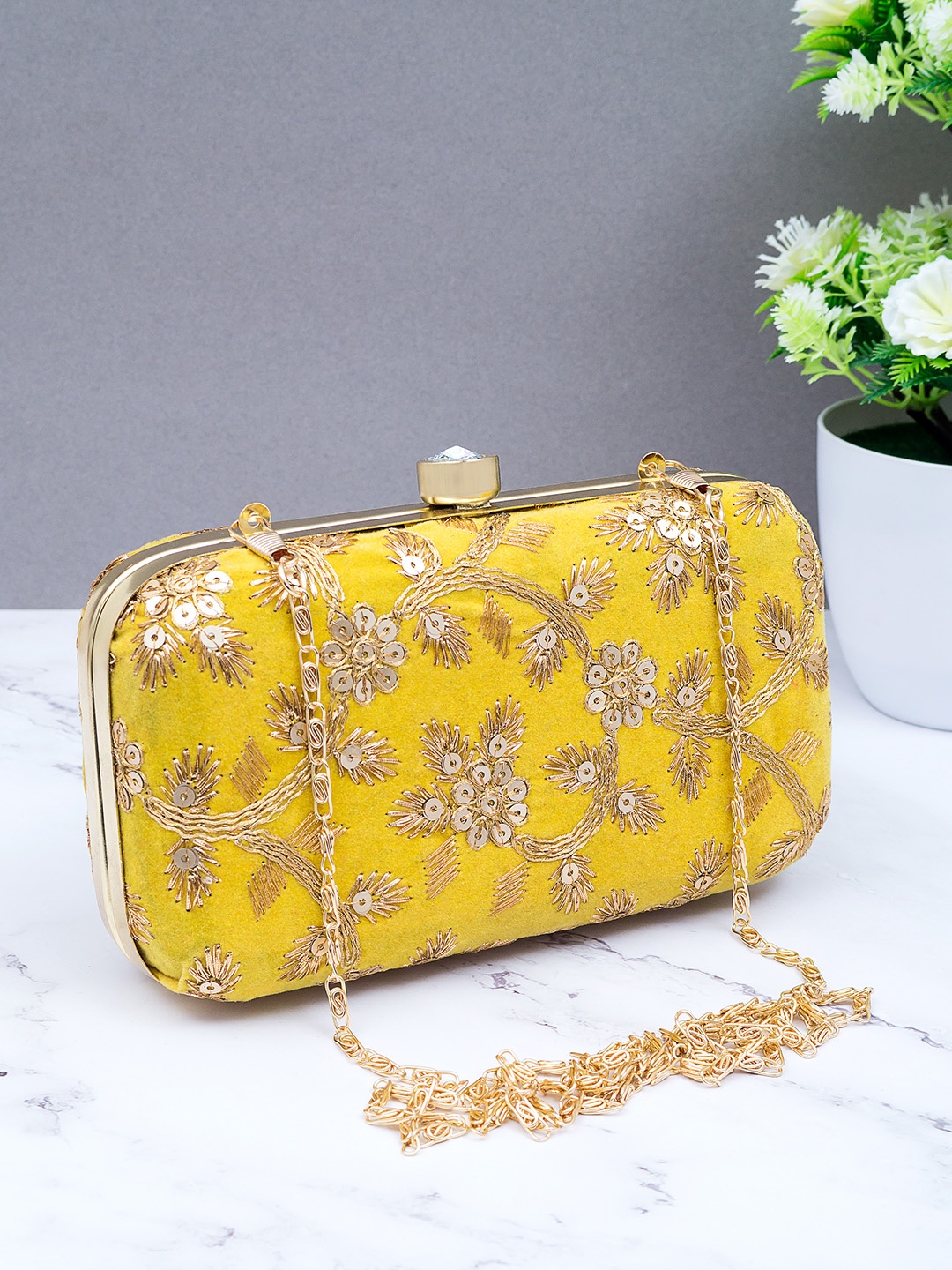 

Golden Peacock Women Yellow & Gold Coloured Embroidered Box Clutch