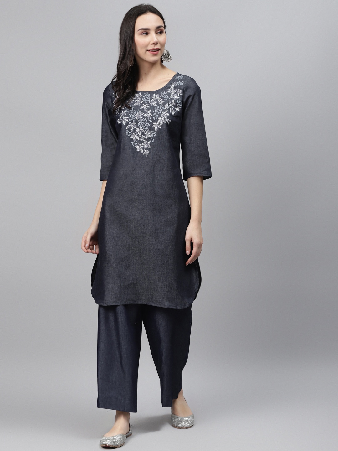 

AURELIA Women Navy Blue & Off-White Denim Embroidered Yoke Design Kurta with Palazzos