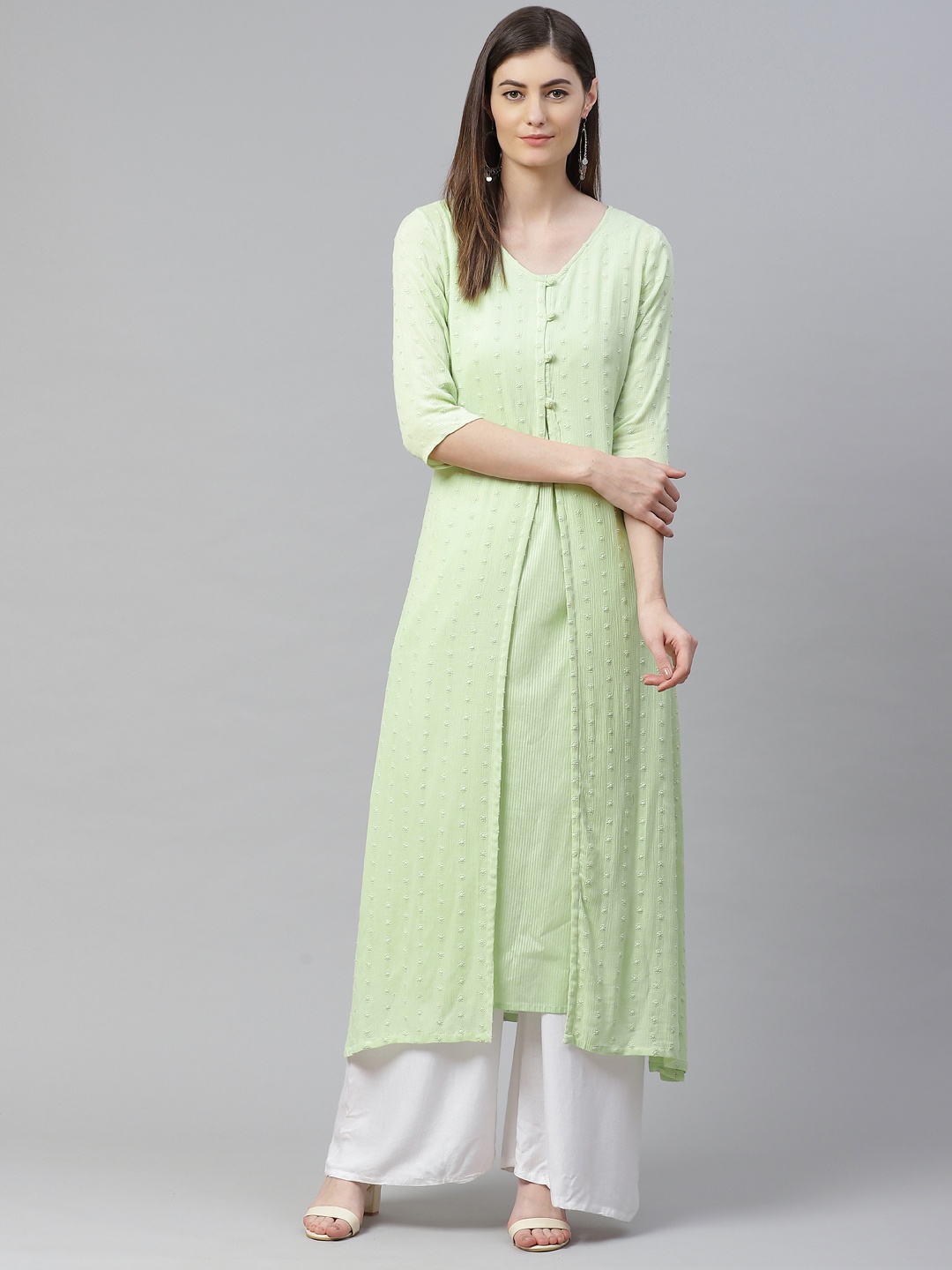 

AURELIA Women Green Woven Design A-Line Kurta with Ethnic Layer