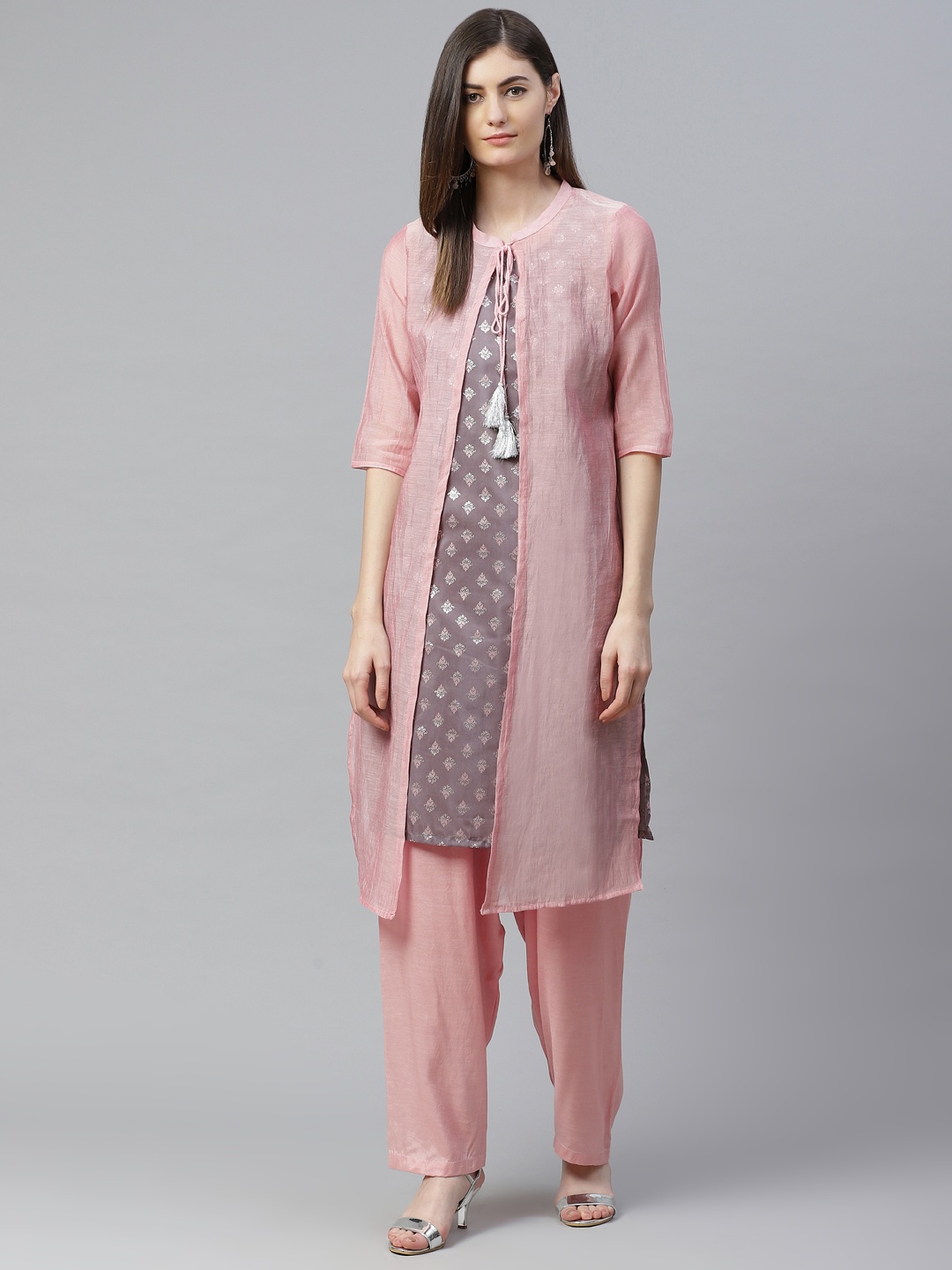 

AURELIA Women Pink & Grey Layered Kurta