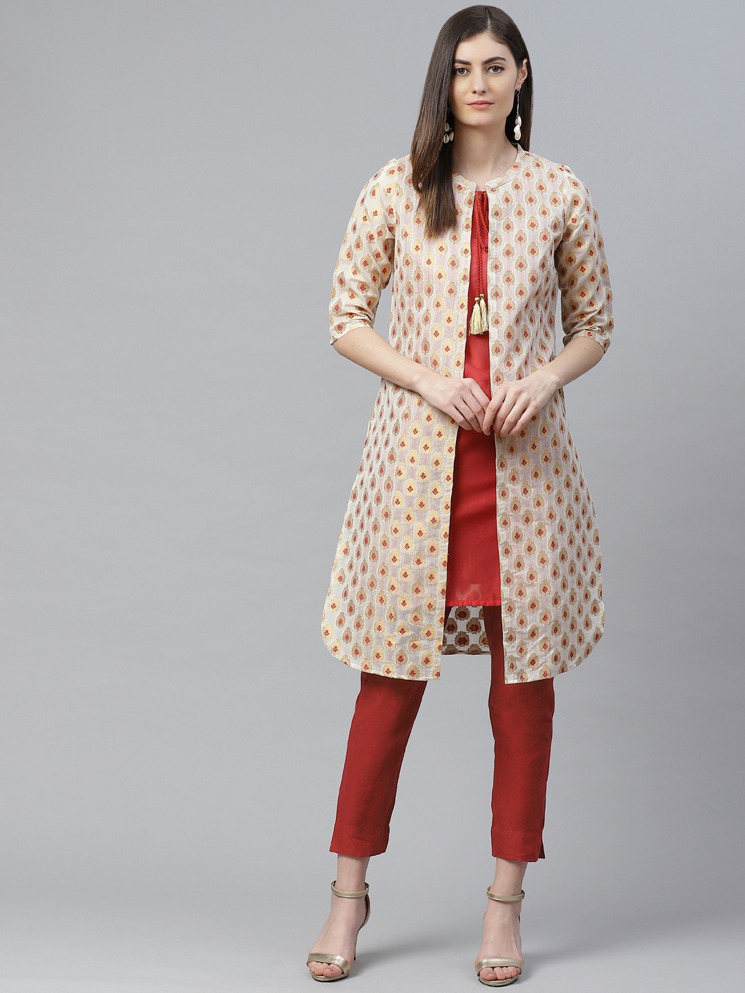 

AURELIA Women Beige & Red Ethnic Motifs Jacquard Layered Kurta