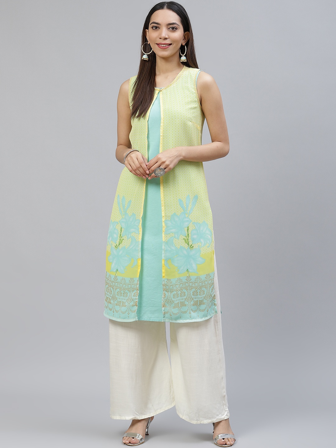 

AURELIA Women Yellow & Sea Green Ethnic Printed Layered Kurta
