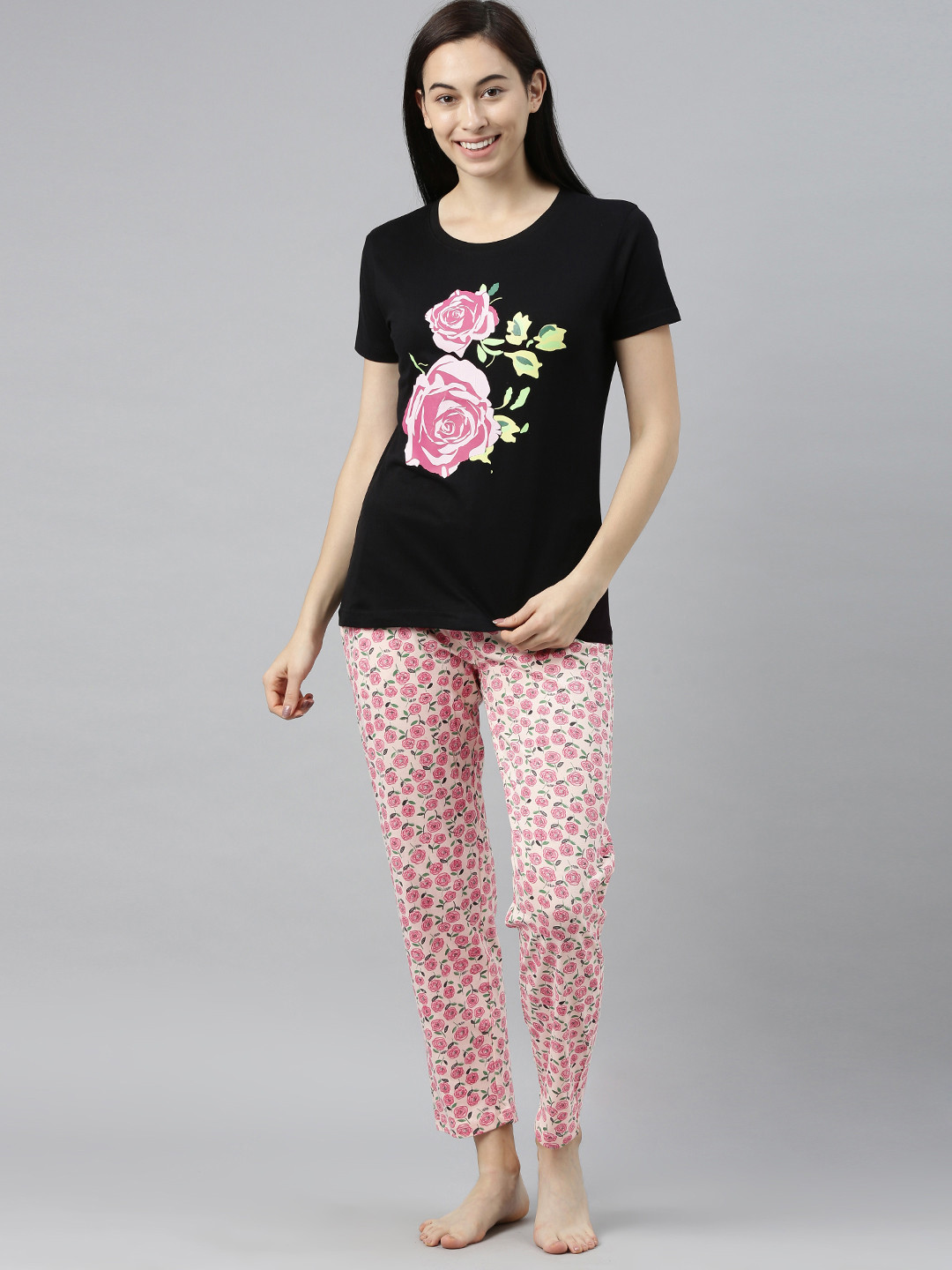 

Enviously Young Women Black & Pink Printed Pure Cotton Night suit