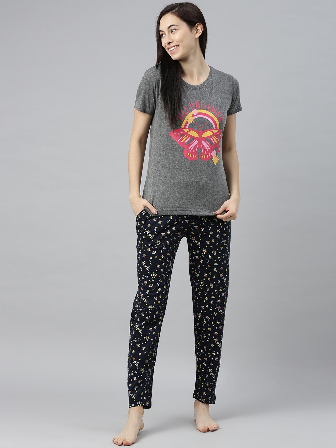 

Enviously Young Women Grey Melange & Navy Blue Printed Pure Cotton Night suit