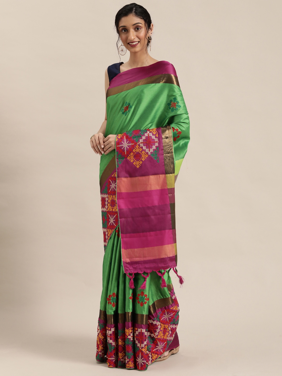 

Mitera Green & Red Silk Cotton Kutchi Embroidered Saree