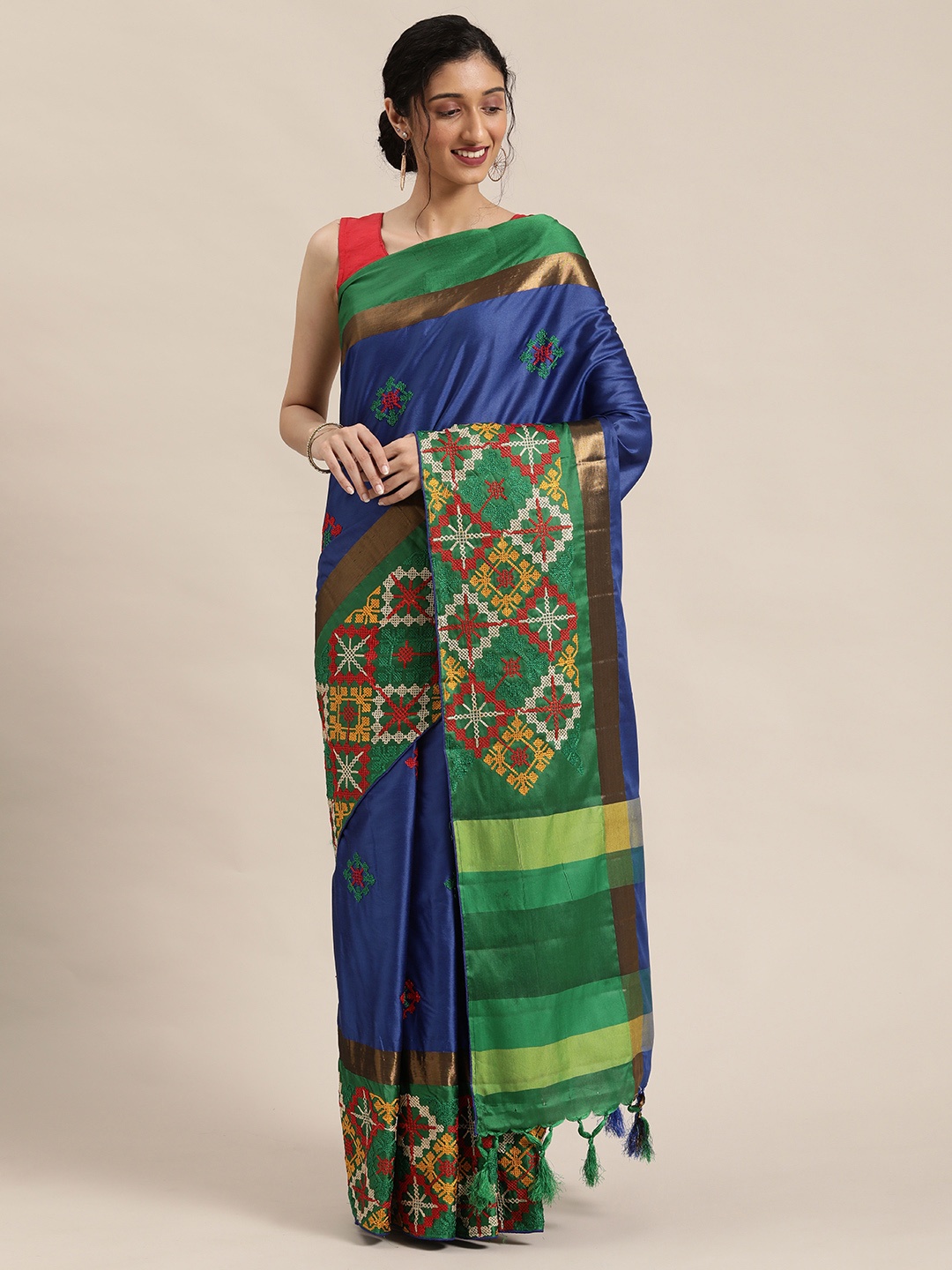 

KALINI Blue & Red Silk Cotton Kutchi Embroidered Saree