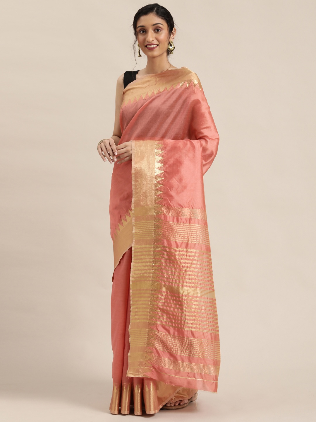 

KALINI Pink & Golden Solid Zari Silk Cotton Saree