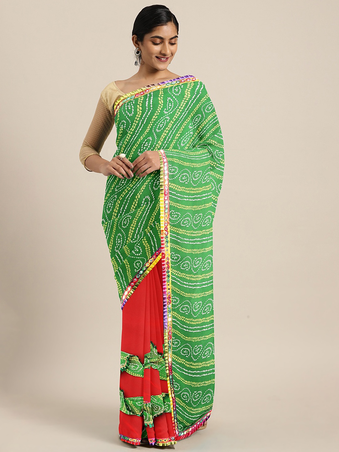 

Mitera Green & Red Pure Georgette Bandhani Printed Half and Half Ruffled Saree