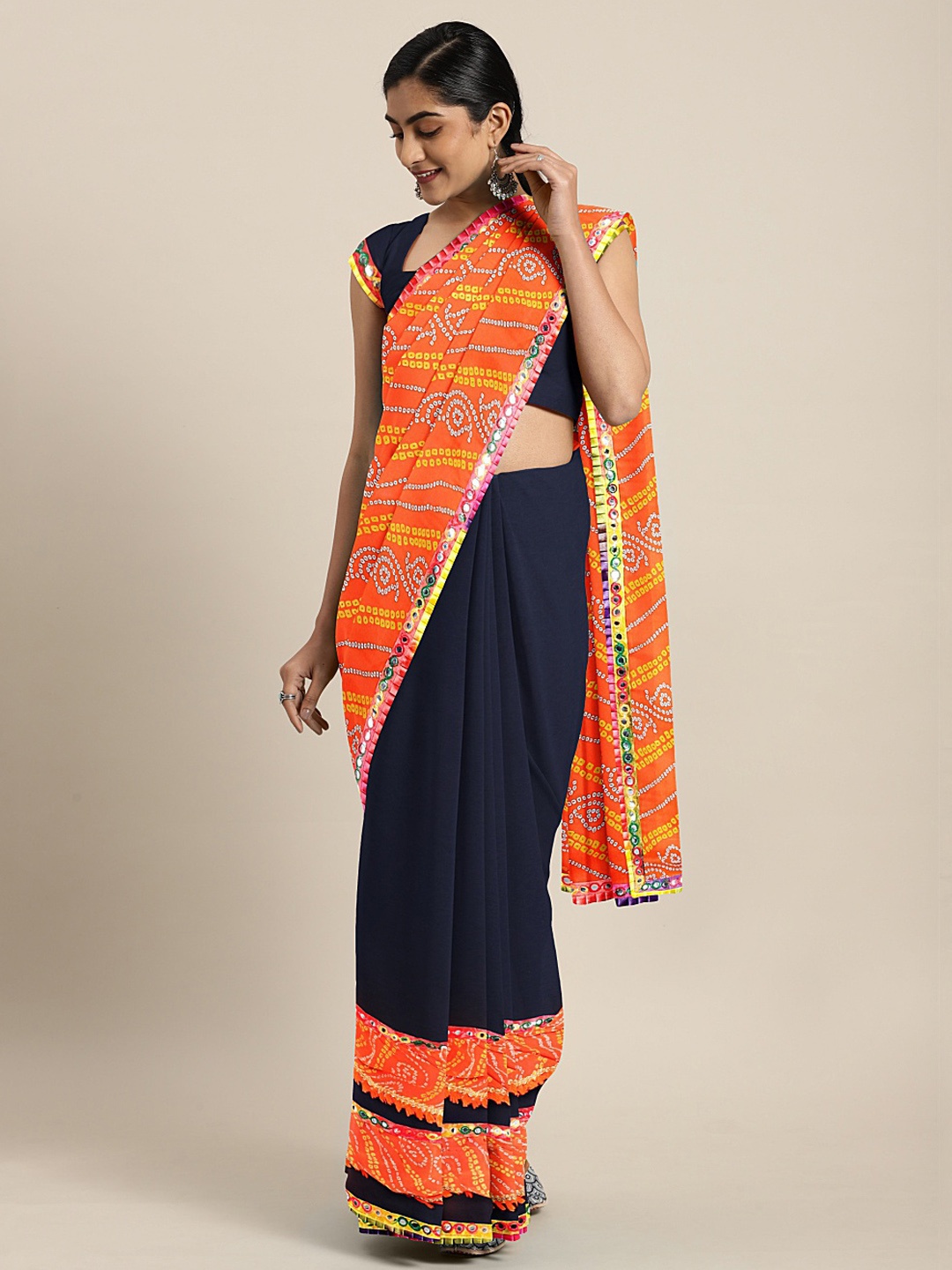 

KALINI Navy Blue & Orange Bandhni Printed Ruffled Saree