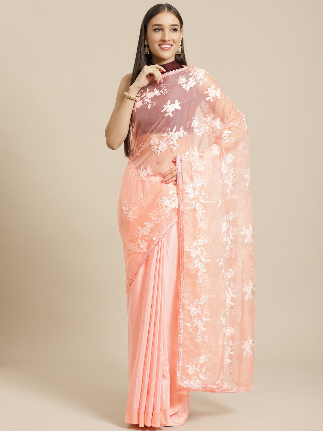 

Saree mall Peach-Coloured Embroidered Half & Half Saree